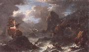 A coastal landscape with shipping in a storm,figures shipwrecked in the foreground unknow artist